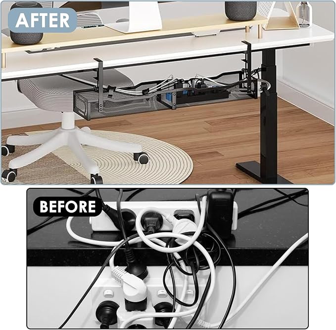 Cable Management, 25'' Cable Management Under Desk No Drill, Metal Cord Organizer with Clamp for Standing Desk, Cable Organizer for Home Office, Black
