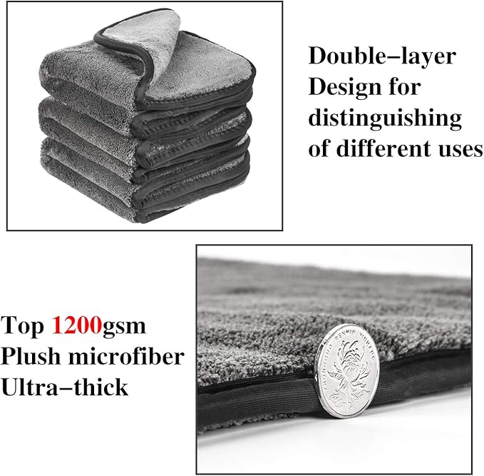 GTF Microfiber Car Cleaning Cloths, Upgraded 1200gsm Ultra-Thick Cars Drying Towel Microfiber Cloth for Car and Home Polishing Washing and Detailing 16'' x 16''(3 Pack)