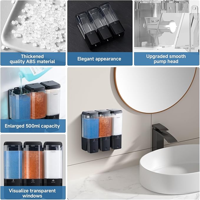 Shampoo and Conditioner Dispenser Wall Mounted, Shower Soap Dispenser No Drill Upadate Easy Slot Install, Shampoo Dispenser for Shower Bathroom Large Capacity 500ml * 3 Chamber Holder Black