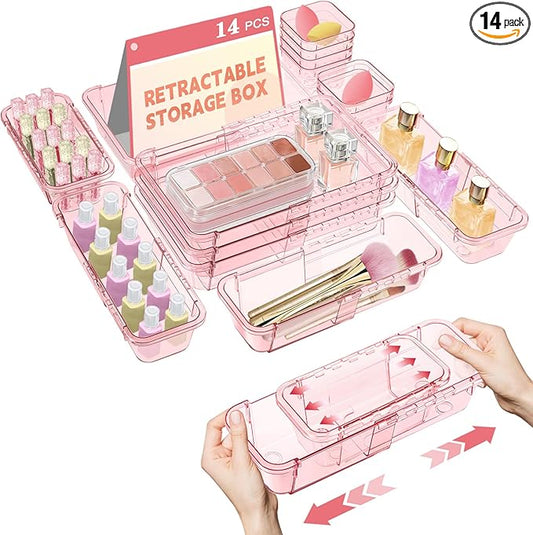 14 Pcs Clear Drawer Organizer, Adjustable Drawer Storage Box, Pink
