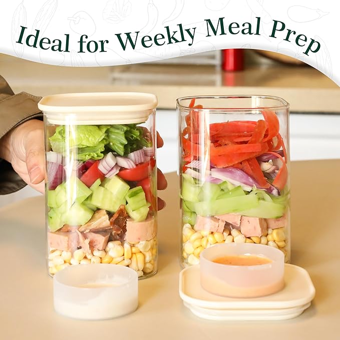 LIBWYS Glass Salad Jars with Lids Meal Prep, 34oz Larger Square Containers for Home Storage & Lunch, Built-In Leakproof Compartments