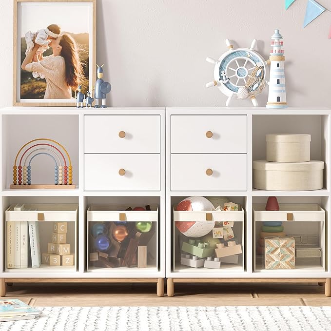 Linen Closet Organizers and Storage, Closet Storage Bins Basket Organizer, Foldable Organization Baskets with Mesh Window for Clothes Towels and Toys, 14.5" x 14.5" x 10.25", Beige, 4 pack
