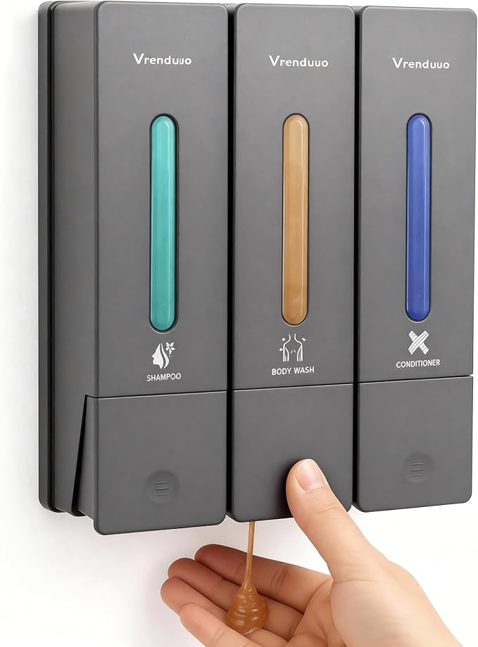 Shampoo and Conditioner Dispenser,Shower Dispenser 3 Chamber No Drill,Shower Soap Dispenser Wall Mounted for Bathroom Hotel with Upgrade Pump Head,3 * 400ml, (Gray 3 Chamber)