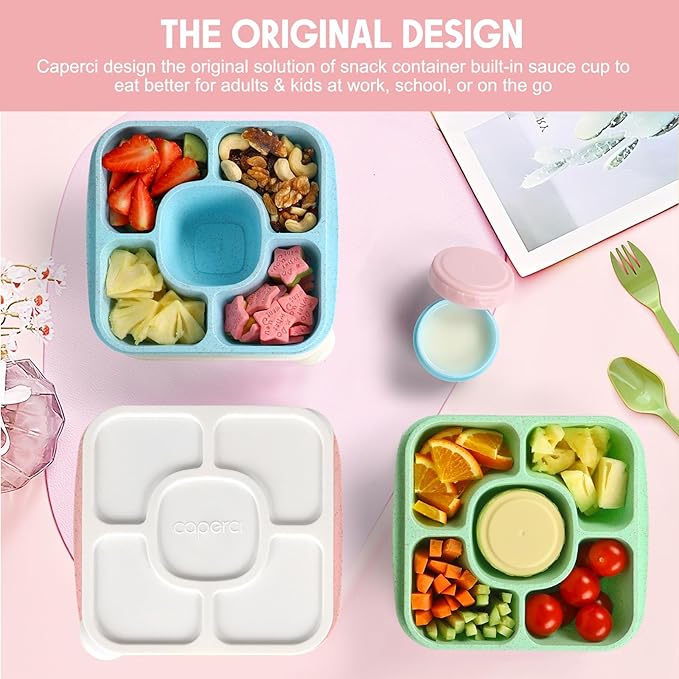 Caperci Original Lunchable Snack Containers for Kids & Adults - 5 Compartments Bento Snack Boxes with 4 Leakproof Small Containers, Wheat Straw