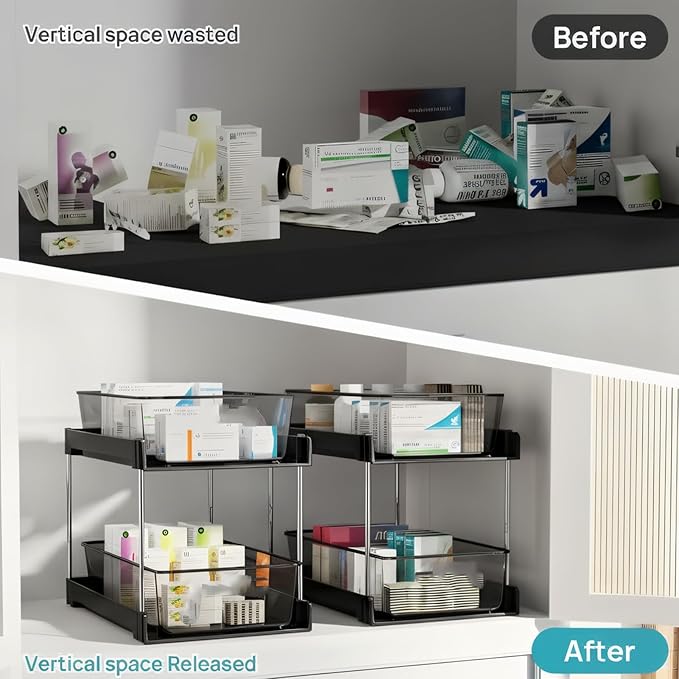 2 Pack Bathroom Organizer,2 Tier Clear Under Sink Organizers Vanity Countertop Storage Container,Cabinet Drawers Bins, Pull-Out Organization with Track for Pantry, Kitchen