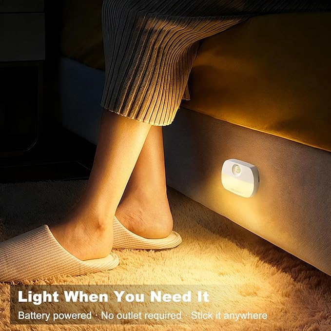 DiCUNO Motion Sensor Night Light, Stick-On Nightlight with Dusk to Dawn Sensor, 20lm, 3000K Warm White, 0.5W, Battery Operated LED Night Lights for Bedroom, Bathroom, Hallway, Stairs, 4-Pack
