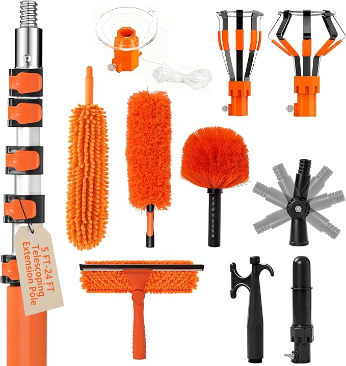 30FT Light Bulb Changer for High Ceilings with 5-24FT Heavy Duty Extension Pole,High Ceiling Fan Duster Extendable Reusable Cobweb,Feather