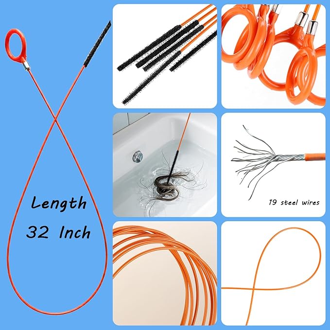 Drain Snake Hair Clog Remover, 61 Inch Flexible Plumbing Toilet Snake, Plastic Drain Hair Remover Tool for Shower, Bathtub, Kitchen, Wash Basin and Utility Sink Drain Cleaner