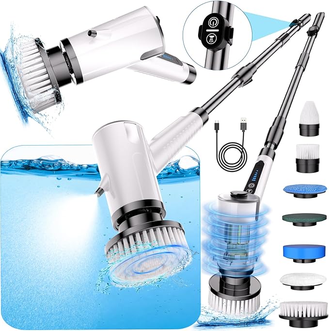 Water Spray Electric Spin Scrubber, Upgrade Electric Spin Cordless Tub and Tile Scrubber with Remote Control IPX7 Waterproof Power Spin Scrubbers for Cleaning Bathroom, Floor, Car