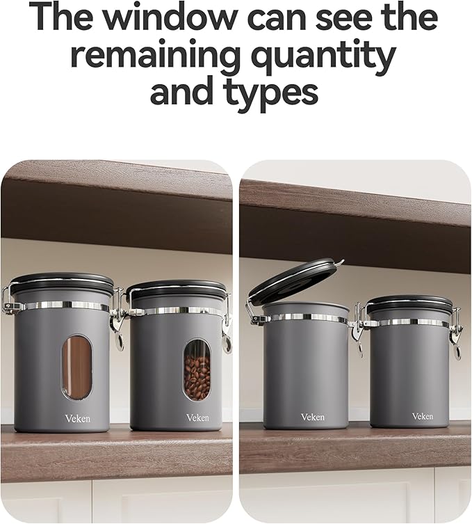 Veken Coffee Canister with Window,Airtight Stainless Steel Kitchen Food Storage Container, Date Tracker & Scoop for Grounds Coffee, Beans, Tea, Flour