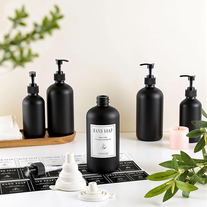 TBWIND 12 Pack 16oz Black Glass Soap Dispenser Bottles with Pumps, Refillable Glass Bottles for Shampoo, Conditioner & Lotion, Ideal for Bathroom, Kitchen, Waterproof Labels & Funnels Included