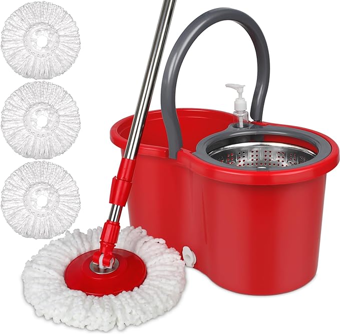 360 Mop and Bucket Set, Spin Mop Bucket with Wringer, Microfiber 3 Mop Replacement Heads, Mops for Floor Cleaning, Mop with Bucket (Red)