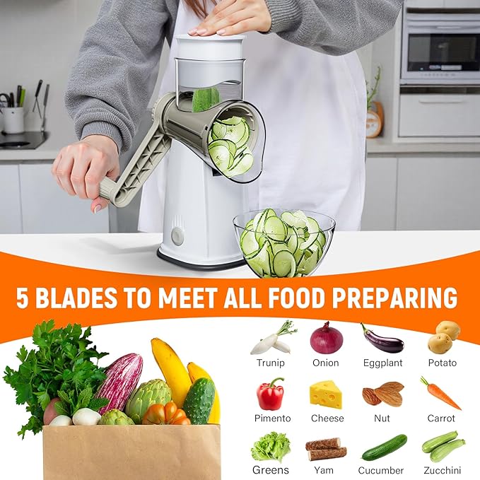 Rotary Cheese Grater Hand Crank with 5 Interchangeable Blades, Vegetable Slicer Chopper for Fruit Vegetable Nuts, Mandoline Slicer for Kitchen with Blades Rack & Suction Base, White