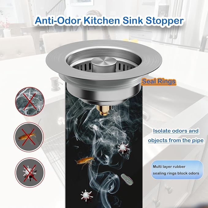 3 in 1 Kitchen Sink Drain Strainer Catcher, 304 Stainless Steel Pop Up Sink Stopper with Strainer Basket, Anti-Clog Kitchen Strainer Filter for US Standard 3-1/2 Inch Drain