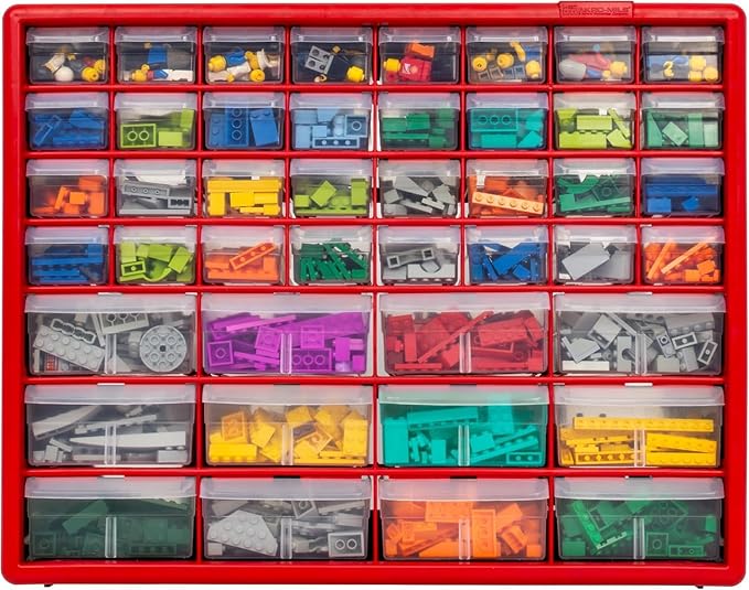 Akro-Mils 44-Drawer Plastic Drawer Storage Cabinet for Garage Organization, Bead Organizer, Building Bricks Storage, Teacher Toolbox, Makeup Organizer, 20-Inch W x 6-Inch D x 16-Inch H, 10144 Red
