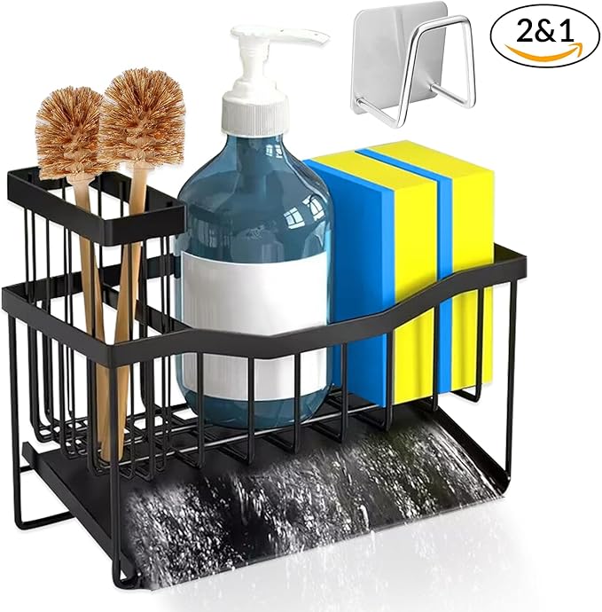 Rustproof Stainless Steel Sponge Holder for Kitchen Sink – Large Sink Caddy Organizer with Rotating Drain Spout & High Brush Holder – No-Drip Kitchen Sink Organizer for Soap Dispenser.