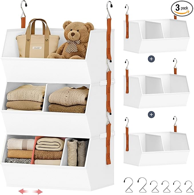 Hanging Closet Organizer Extra Large, Clothes Hanging Shelves for Closet with Divider, Collapsible Closet Storage System, Fabric Storage Bins for Home