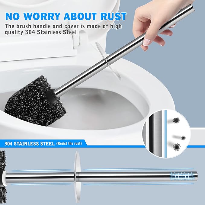 Toilet Brush and Holder, Toilet Brush with 304 Stainless Steel Long Handle, Toilet Bowl Brush for Bathroom Toilet-Ergonomic, Elegant,Durable（Black）