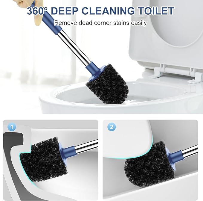 SetSail Toilet Brush and Holder 4 Pack, Self Closing Lid Toilet Bowl Brushes Holder Extra Long Handle Ventilated Toilet Brush Set for Bathroom Cleaning, Nylon Bristles, Dark & Blue