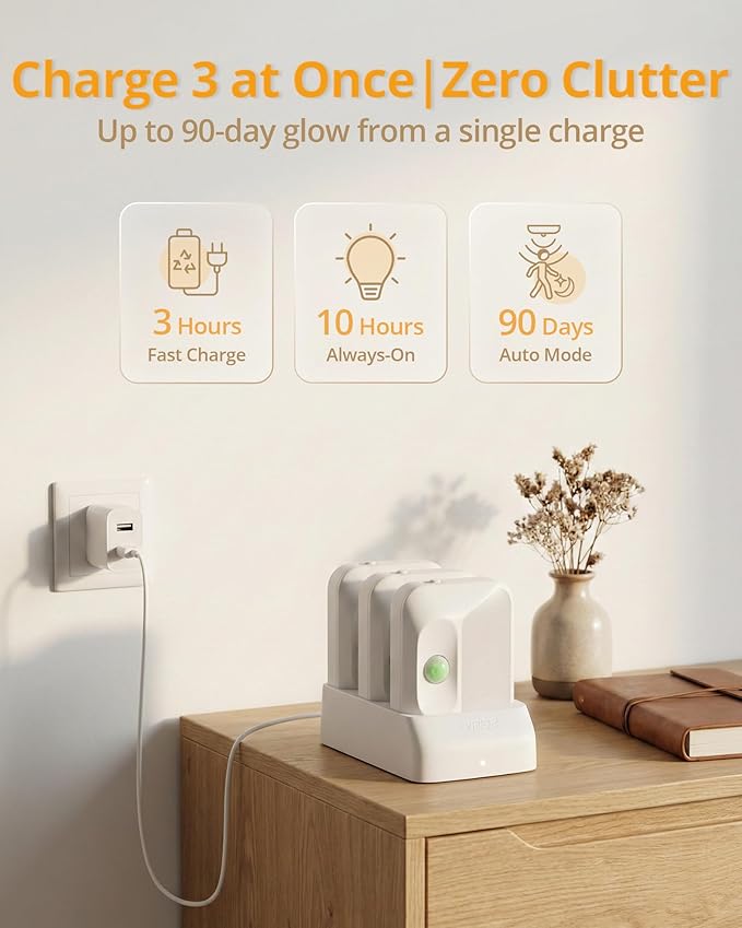 Lyridz Smart Sync Linkable Night Lights with 3-in-1 Charging Dock, Rechargeable Motion Sensor Nightlight, Dimmable Step Lights for Stairs, Hallway, Bathroom, Bedroom, Nursery, Pets, 3 Pack
