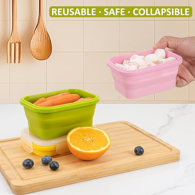 Reusable Silicone Snack Sontainers with Lids, 14oz, Small Collapsible Food Storage Containers for Meal Lunch Small Portion, Stackable