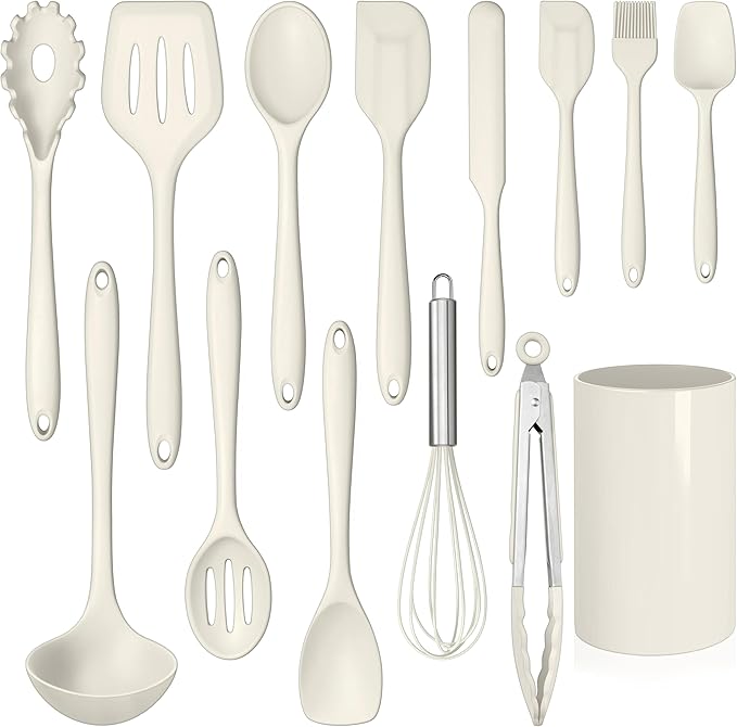 LIANYU 14 Pcs Kitchen Utensils Set with Holder, Silicone Cooking Utensils Spatula Set, Heat Resistant Cookware Tools Includes Spoon Turner Whisk Tong, Dishwasher safe, Cream White