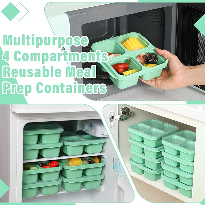 Ziliny 12 Pcs 4 Divided Compartments Snack Containers Bento Wheat Straw Snack Box with Lid Reusable Meal Prep Lunch Box Food Storage Containers for Adults Christmas Travel Work Gifts(Green)