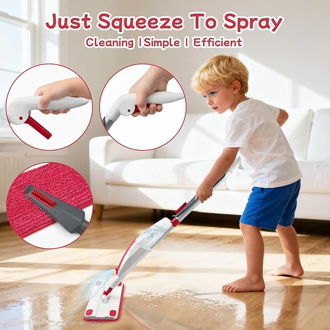 Kids Spray Mop - Fun & Educational Montessori Housekeeping Toys Mini Size Cleaning Set Includes Kids Mop with Real Water Sprayer Washable Microfiber Pads & Scraper