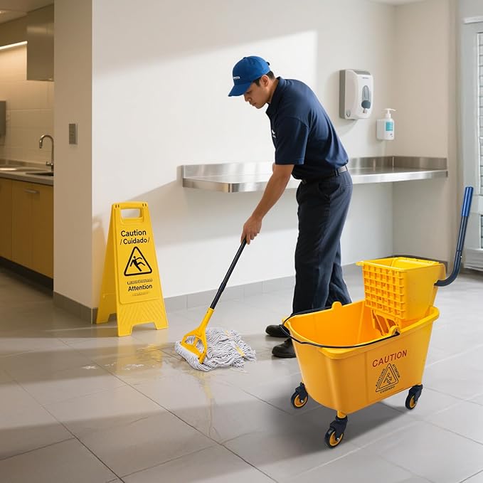 KeFanta 35 Quart Commercial Mop Bucket with Side Press Wringer on Wheels,Yellow,Include Heavy Duty Industrial Mop for Floor Cleaning,Household,Business,Restaurants and Janitorial Use