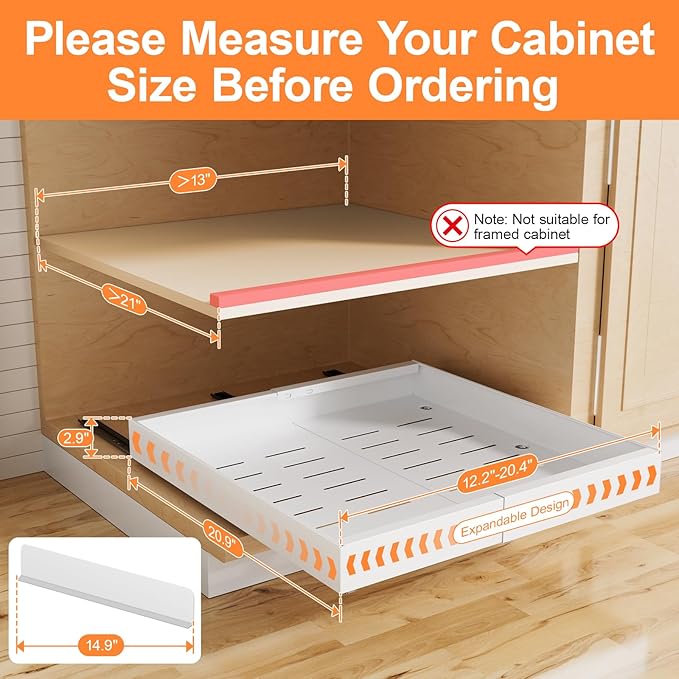 2 Pack Pull out Cabinet Organizer Expandable Width(12"-20") and 21"Depth, No Drill Adjustable Slide Out Drawers for Kitchen