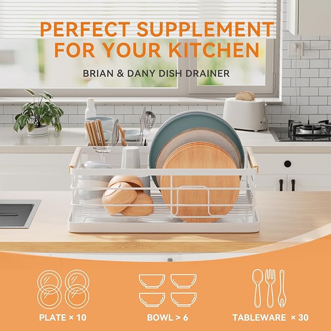 BRIAN & DANY Dish Drying Rack, Dish Racks for Kitchen Counter, Stainless Steel Dish Drainer with Removable Cutlery Holder & Drainboard, White
