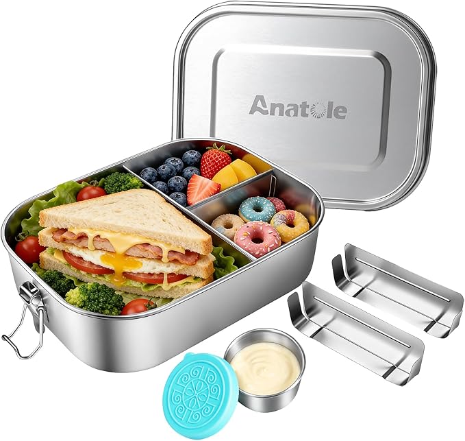 Anatole 304 Stainless Steel Bento Box 49oz 1450ml Leak-Proof Lunch Box 3 Compartments with 2 Removable Dividers 1 Sauce Container BPA Free Dishwasher Safe Food Container for Adults Work Travel