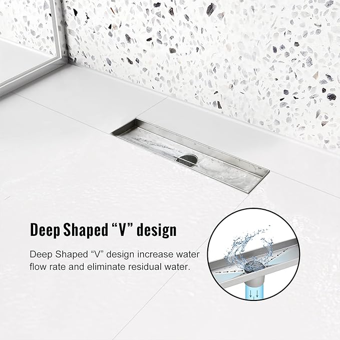 Linear Shower Drain, 12 inch Drain with Removable Grate Cover, Brushed 304 Stainless Steel Shower Floor Drain