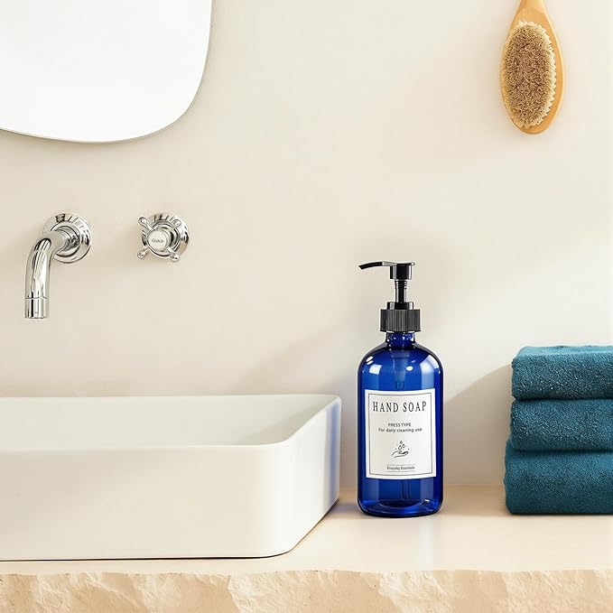 TBWIND 12 Pack 8oz Blue Glass Soap Dispenser Bottles with Pumps, Refillable Glass Bottles for Shampoo, Conditioner & Lotion, Ideal for Bathroom, Kitchen, Waterproof Labels & Funnels Included