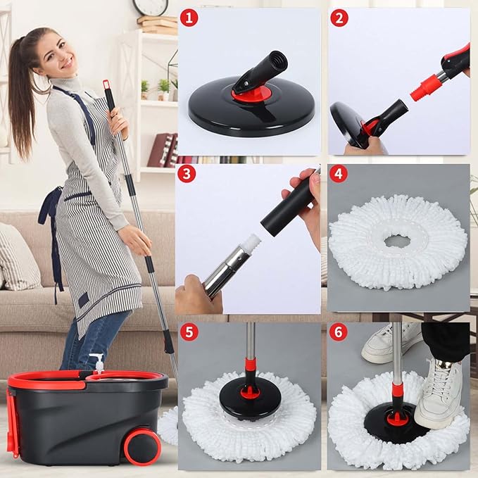Spin Mop Bucket with Wringer Set, 360° Mop Bucket Floor Cleaning System with 3 Microfiber Replacement Mop Head Refills, 61" Adjustable Stainless Steel Handle, 2X Wheel for Home Cleaning