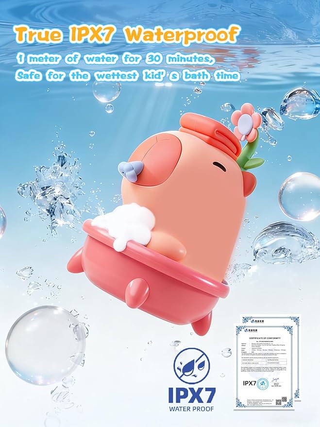 QANYI Automatic Bubble Foam Machine for Kids - Capybara Silicone Touchless Soap Dispenser, IPX7 Waterproof & Rechargeable, Fun Bath Toy to Encourage Child Hygiene from Hand Washing to Bath Time(Pink)
