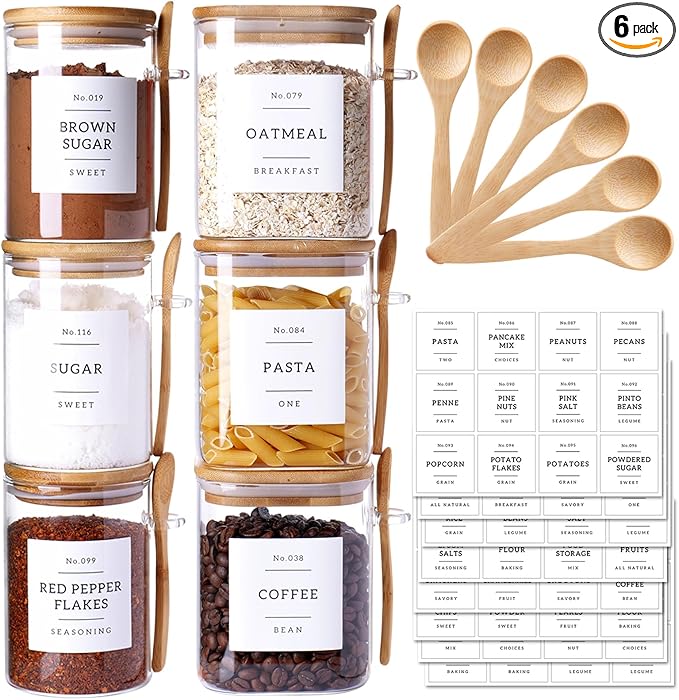 CZSZYGHBAO 6 Pack Glass Jars with Bamboo Lid and Spoons - 17Oz/27Oz Borosilicate Glass Jars with 132 Pantry Labels - for Coffee Beans, Tea