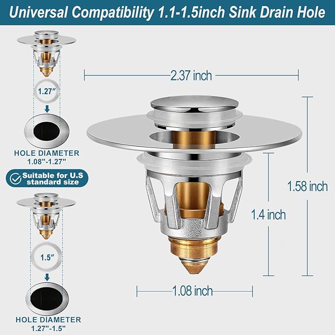 Universal Bathroom Sink Stopper - Upgraded Pop up Drain Strainer with Hair Catcher, Fits 1.1-1.5 Inch U.S. Standard Drain Holes - Anti-Clogging Filter