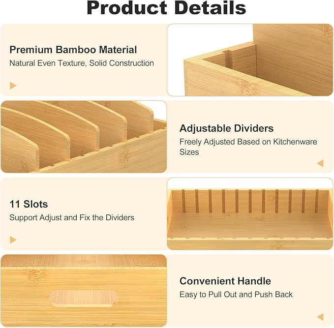 Housolution Pull Out Food Container Lid Organizer with Sliding Rail, Slide Out Plastic Lid Holder Compatible with Tupperware, Bamboo Storage Box with 5 Adjustable Dividers for Kitchen Cabinet, 2 Pack