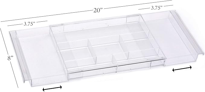 Masirs Expandable Drawer Organizer - Customizable Makeup Vanity Organizing Storage Tray for Bathroom, Bedroom & Desk Drawers - Clear Plastic Cosmetics Organizers with Expanding Compartment (Set of 2)