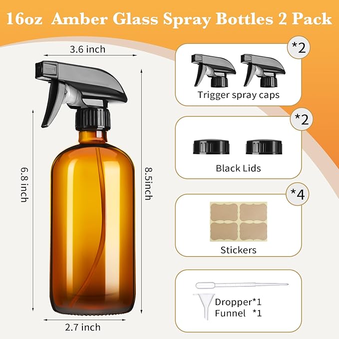 Vitreaux 2 Pack Amber Glass Spray Bottles,16oz Glass Spray Bottles Refillable Empty Containers with Adjustable Nozzle,Spray Bottle for Cleaning,Pets, Aromatherapy,Hair Mister,Squirt and Mist Setting