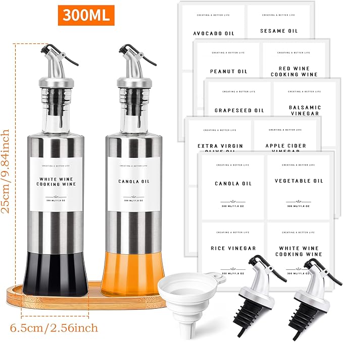 Olive Oil Dispenser Bottles for Kitchen with Bamboo Tray, Oil and Vinegar Dispenser Set, Stainless Steel Glass Dispensers for Kitchen, Dispenser Bottle of 300ml - Set of 2