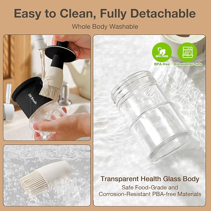 YARRAMATE 300ml /10oz Oil Dispenser with Brush - Glass Oil Bottle for Kitchen with Silicone Heat Resistant Basting Brush - Cooking Brush for Vinegar Sauce BBQ Grill Frying - Black