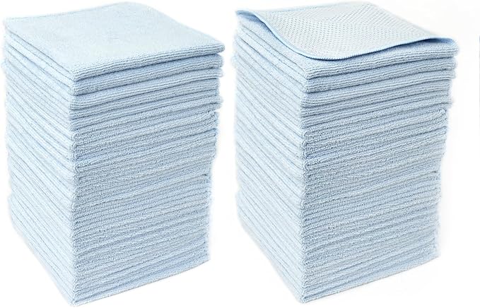 HAWOK Microfiber Cleaning Cloths with Poly Scour Scrub Side, 13 x 13 inches, 50 Pack, Glass Car Window Dish Cloths, Reusable and Machine Washable, Lint-Free, Light Blue