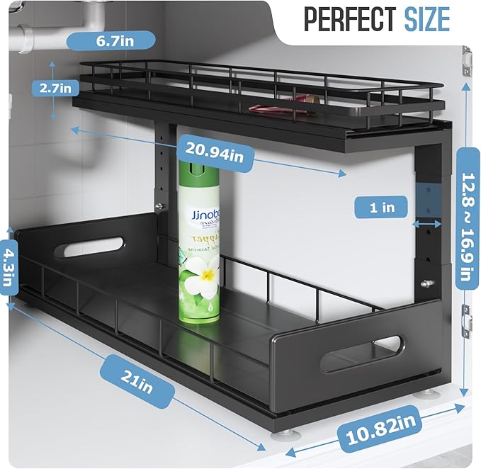 Under Sink Organizer Upgrade To Professional Rails,2-Tier Dual Pull Out Cabinet Storage,Height Adjustable Slide Out Drawers For Bathroom Kitchen