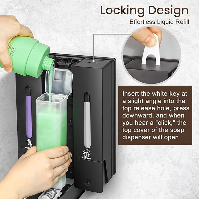 3 Chamber Shampoo and Conditioner Dispenser, No Drill - Wall Mounted Shower Soap Dispenser, Refillable Body Wash Dispenser Set 3, 1200ML Large Capacity, for Bathroom & Hotel, Black