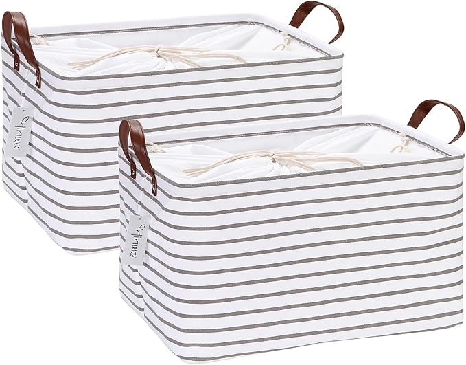 Hinwo 2-Pack Large Canvas Fabric Storage Baskets with Handles, 31L Rectangle Storage Bins, Collapsible Storage Box, Clothes, Toys, Blankets Organizers, 16.5 x 11.8 x 9.8 inches, (Grey Stripe)