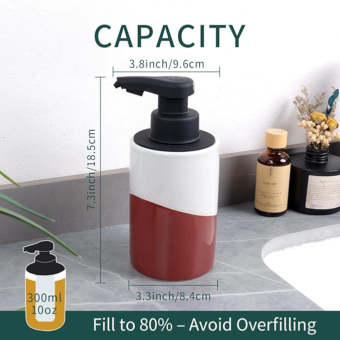BosilunLife Automatic Soap Dispenser Ceramic Hand Free Soap Dispenser with Waterproof Pump Rechargeable Smart Electric Soap Lotion Dispenser Touchless for Kitchen Bathroom (White-Red, Foam Pump)