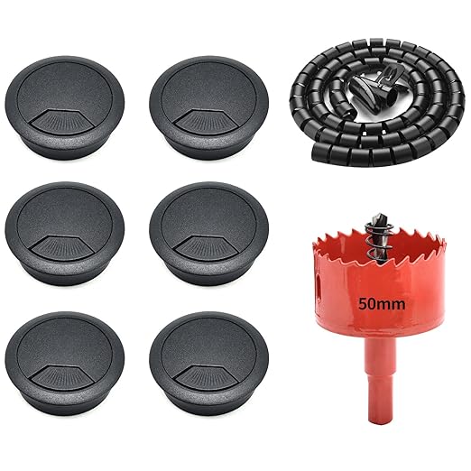Surf turtle 6 Pack 2 Inch Black Desk Grommets, Flexible Cable Cord Hole Cover with Bi-Metal Hole Saw Kit, 2m Cable Sleeve and Coiled Cord Wrap for Desktop Wire Management