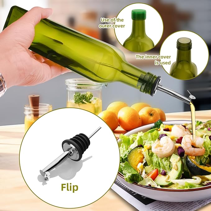 1 Pc 17oz Olive Oil Dispenser Bottle,500ml Glass Oil and Vinegar Dispenser Set with 1 Stainless Steel Pourers,Funnel Oil Bottles for Kitchen (Green)